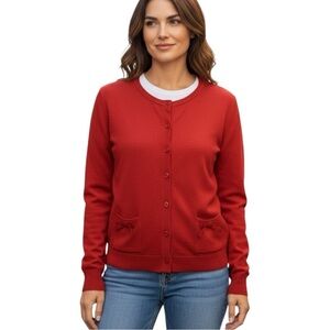 Cato Red Cardigan Sweater with Bow Accents Crew Neck Size Medium Long Sleeve